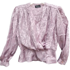 Vintage Gianna‎ Pink Shiny Floral Drape Front Peplum Waist Puff Shoulder Blouse
